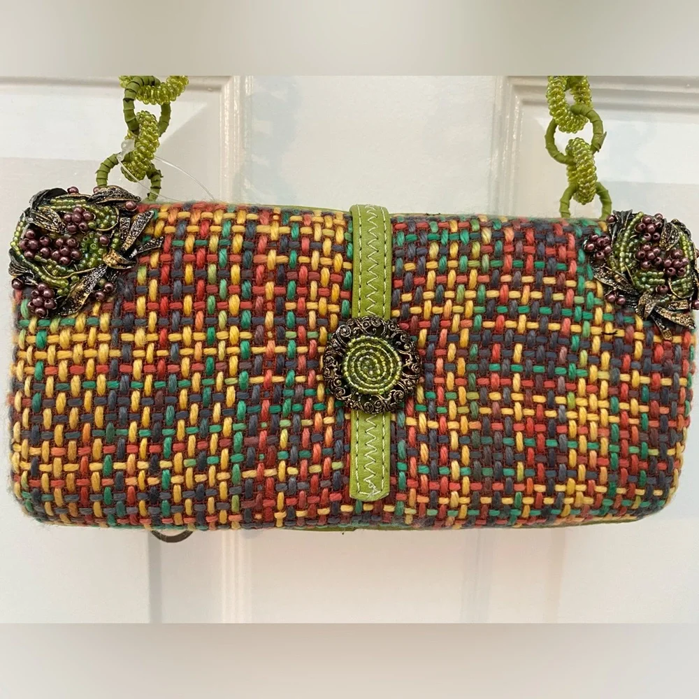 NWT! Mary Frances Green Beaded Bejeweled Collectible Floral & Plaid Shoulder Bag